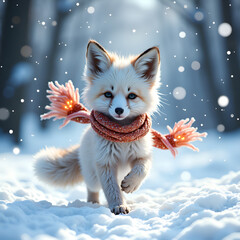 Wall Mural - Adorable arctic fox playfully striding through a snowy winter wonderland with a cozy scarf, photography of animal portraiture concept.