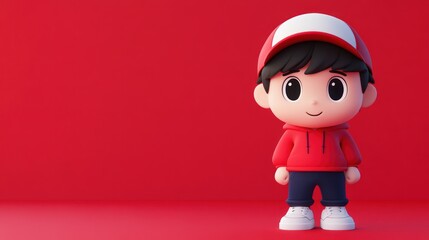 Fototapete - A cute cartoon character in a red outfit stands against a solid red background.