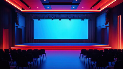 Wall Mural - modern conference stage with vibrant blue lighting and red accents, featuring empty chairs for audience. Ideal for presentations and events