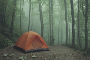 Wall Mural - Bright Orange Tent in Foggy Forest Setting