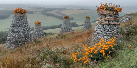 Canvas Print - Picturesque Stone Cairns with Vibrant Orange Flowers in Rolling Hills Landscape Under Cloudy Sky Nature Scenery Countryside Tranquil Calm Beauty Outdoors