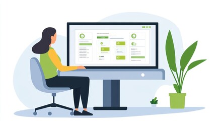 Poster - A person working at a computer with a user interface on the screen and plants nearby.