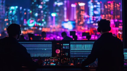 Poster - Two individuals working at a soundboard with a vibrant city skyline in the background.