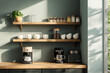© masud - Modern Kitchen Interior Design: Coffee and Espresso Machine Setup. Minimalist aesthetic with wooden shelves, mugs and beans. Cozy morning atmosphere.