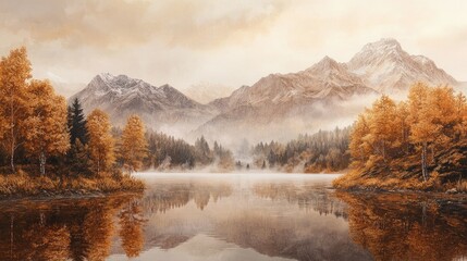 Wall Mural - Tranquil autumn scene with a serene lake and mist-covered mountain range in warm tones