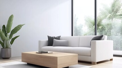 Wall Mural - Minimalist Living Room with Neutral Tones White Sofa and Wooden Coffee Table Under Natural Lighting