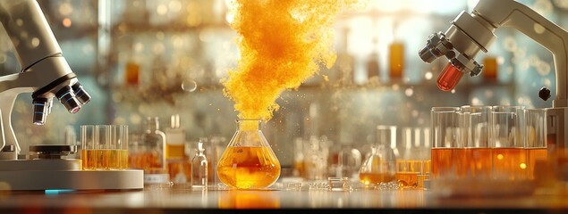 Aufkleber - A vibrant laboratory scene with flasks and microscopes showcasing a chemical reaction.
