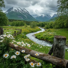 Canvas Print - Majestic Mountain Landscape with Serene River, Wildflowers, Wooden Fence, Lush Greenery, Snowcapped Peaks, Cloudy Sky, Scenic Beauty, Nature Photography, Peaceful Scene