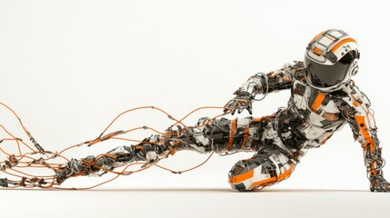 Fototapete - A futuristic robot in an astronaut suit, entangled in wires, showcasing advanced technology.