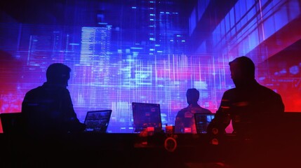 Poster - Silhouettes of individuals working with technology against a vibrant digital backdrop.