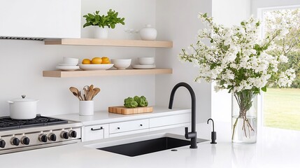 Wall Mural - Neutral Toned Minimalist Kitchen with Open Shelving and Nature Inspired Decor