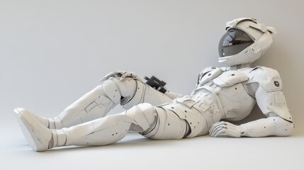 Fototapete - A futuristic white robot reclining against a wall, showcasing advanced design and technology.