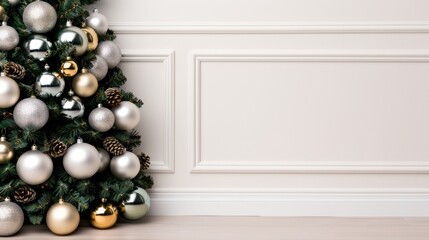 Wall Mural - Elegant Christmas tree with silver and gold ornaments.