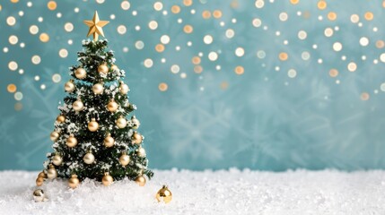 Wall Mural - Festive Christmas tree with golden ornaments and snow.