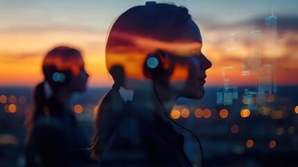 Fototapete - Silhouettes of two individuals with headphones against a sunset cityscape.