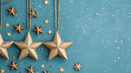 Wall Mural - Festive gold stars on a blue background for decoration.