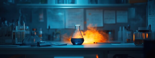 Aufkleber - A laboratory scene featuring a glowing blue flask amidst smoke and dim lighting.