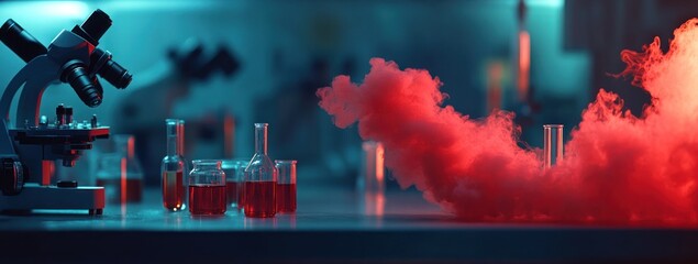 Aufkleber - A laboratory scene featuring a microscope and glassware with colorful liquids and vapor.
