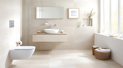 Wall Mural - Beige Minimalist Bathroom with Floating Vanity and Natural Light