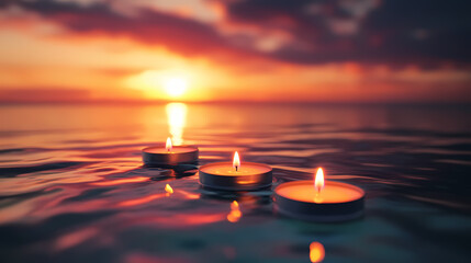 Canvas Print - Beautiful lit candles floating serenely on water against a stunning twilight backdrop. Floating Candle Light. Illustration