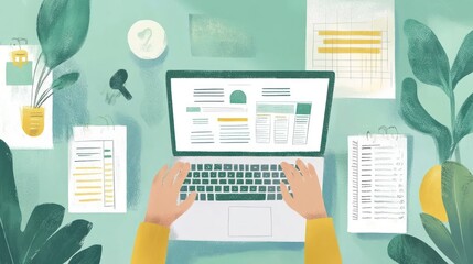 Poster - A workspace scene featuring hands typing on a laptop surrounded by documents and plants.