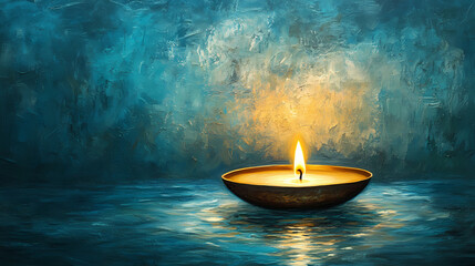 Canvas Print - A lit candle floating on water with a textured background symbolizing hope serenity and reflection in a tranquil setting. Floating Candle Light. Illustration