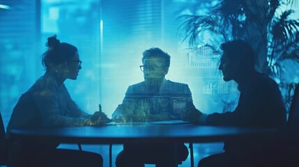Poster - A business meeting with three individuals discussing data analytics in a modern office setting.