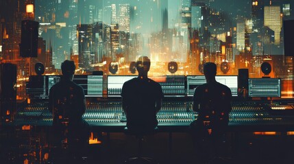 Poster - Three figures in a studio, overlooking a cityscape, focused on music production.