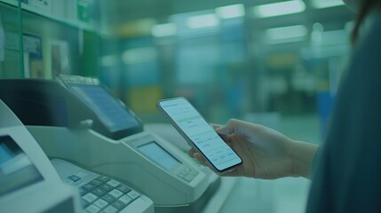 Poster - A person using a smartphone at a digital kiosk in a modern setting.