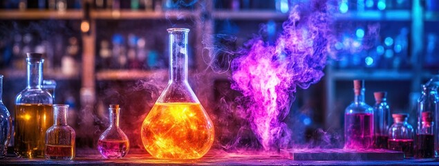 Aufkleber - A colorful laboratory scene with glowing flasks and smoke, suggesting scientific experimentation.