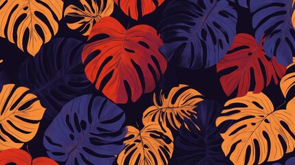 Poster - Seamless pattern with vibrant tropical leaves in red, orange, and blue hues on a dark background.