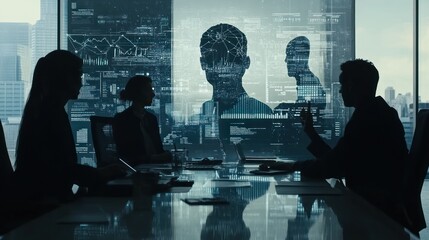 Poster - A business meeting with silhouettes discussing data analytics and technology insights.
