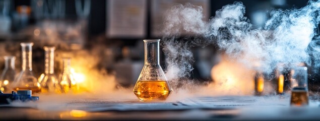 Aufkleber - A laboratory scene with flasks and smoke, indicating chemical experiments.