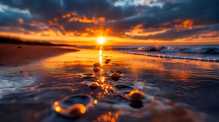 Poster - stunning beach landscape at sunset with shimmering water droplets