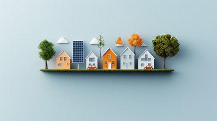 Aufkleber - colorful illustration of eco friendly houses with solar panels, trees, and cars