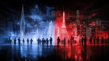 Aufkleber - Futuristic city skyline with silhouettes, blue and red tones, technology