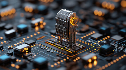 Aufkleber - High tech circuit board with metallic component and glowing lights
