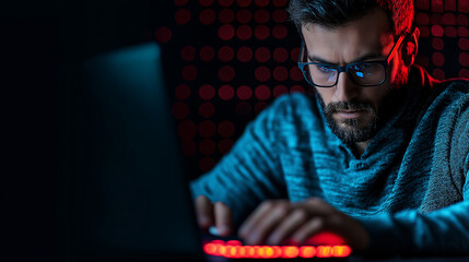 Fototapete - Focused gamer in dimly lit room with laptop and red lights