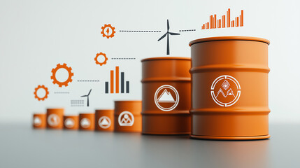 Poster - Oil barrels with infographics showing economic impact and energy trends