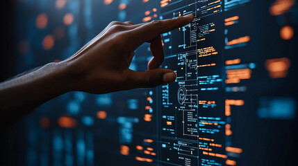 Aufkleber - Close up of hand interacting with digital screen displaying data