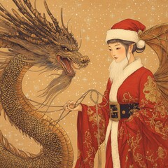 Enchanting Asian Dragon Fantasy Art with Christmas Theme: Santa Attire, Woman and Warrior Spirit in Traditional Robe Holding Golden Mythical Creature