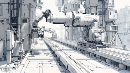 Futuristic robotic arm assembly line in a sterile white factory.