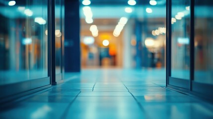 Poster - Blurred view of a shopping mall corridor with glass doors and tiled floor.