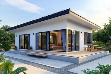 Poster - Modern minimalist one-story house featuring large glass windows and wooden patio