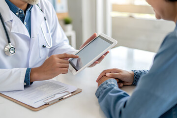 Wall Mural - Close up - Tablet and hands of Female Doctor with patient for consulting in hospital.png