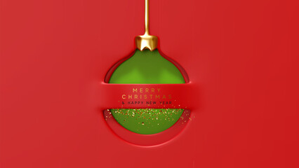 Wall Mural - merry christmas and happy new year. paper cut and embossed design green christmas ornament with gold