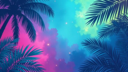 Fototapete - A tropical scene with a blue sky and purple and pink clouds
