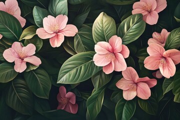 Wall Mural - A vibrant illustration of pink flowers blooming amongst lush green foliage.