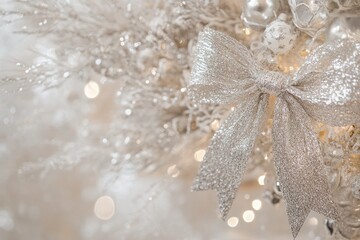 Wall Mural - A close-up of a silver glitter bow on a white Christmas tree with white lights.