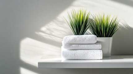 Wall Mural - White Towels with Plants on a Shelf